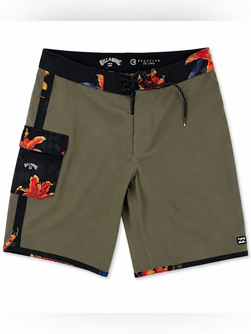 Billabong Olive Boardshorts with Black Floral Trim